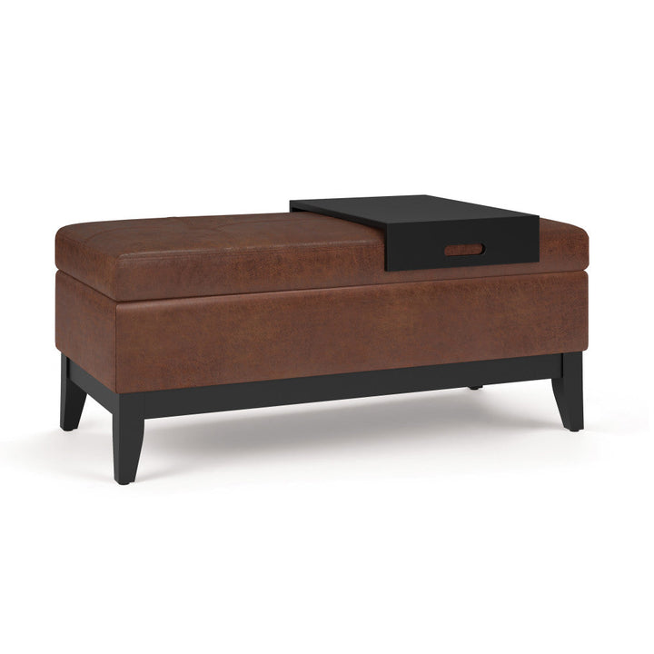 Oregon Storage Ottoman Bench with Tray in Distressed Vegan Leather Image 1