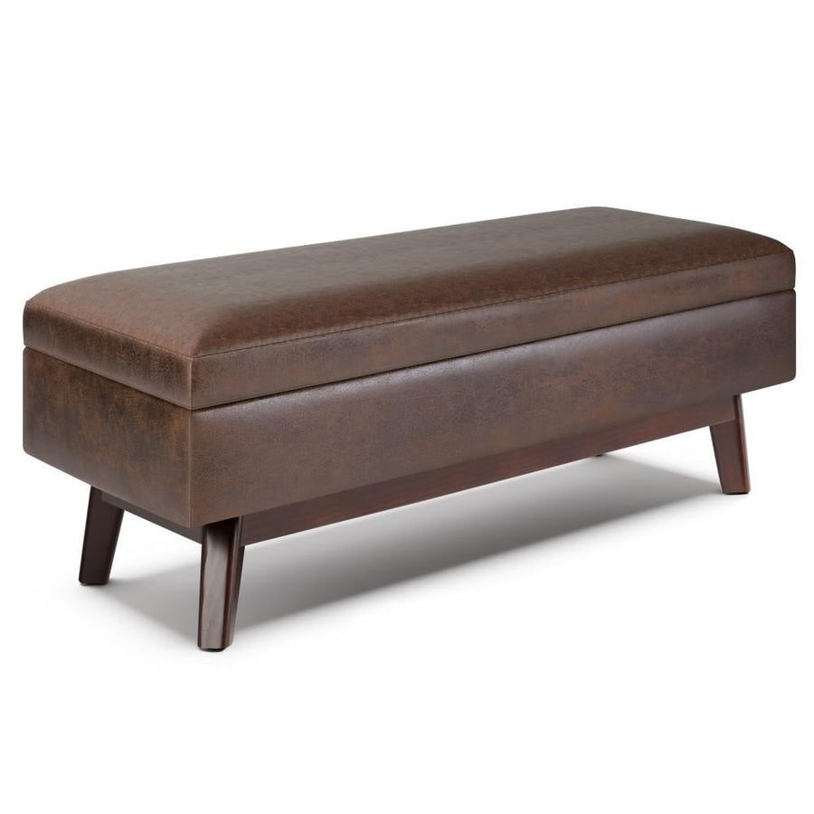 Owen Rectangular Ottoman Storage in Distressed Vegan Leather 48" Mid Century Design Image 1