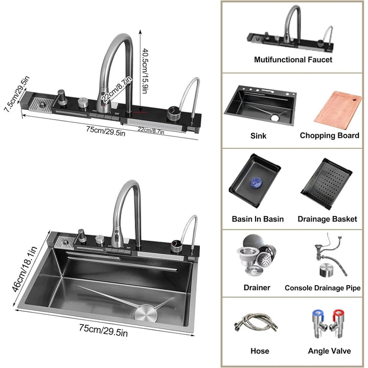 Nano Black Waterfall Sink 29.5 Inch Integrated Sink with Pull-Out Tap Set Image 8