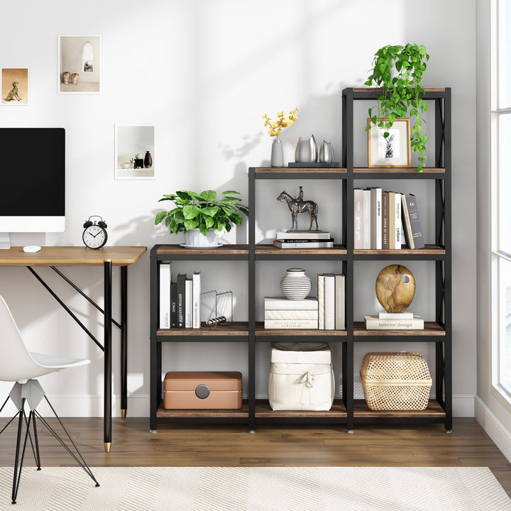 12 Shelves Bookshelf, Industrial Ladder Corner Bookshelf 9 Cubes Stepped Etagere Bookcase Image 1