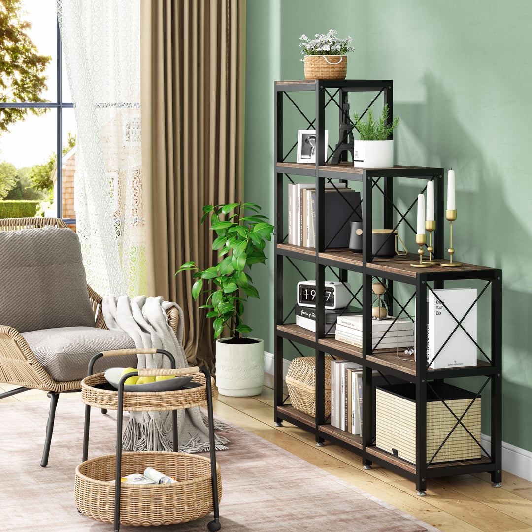 12 Shelves Bookshelf, Industrial Ladder Corner Bookshelf 9 Cubes Stepped Etagere Bookcase Image 2