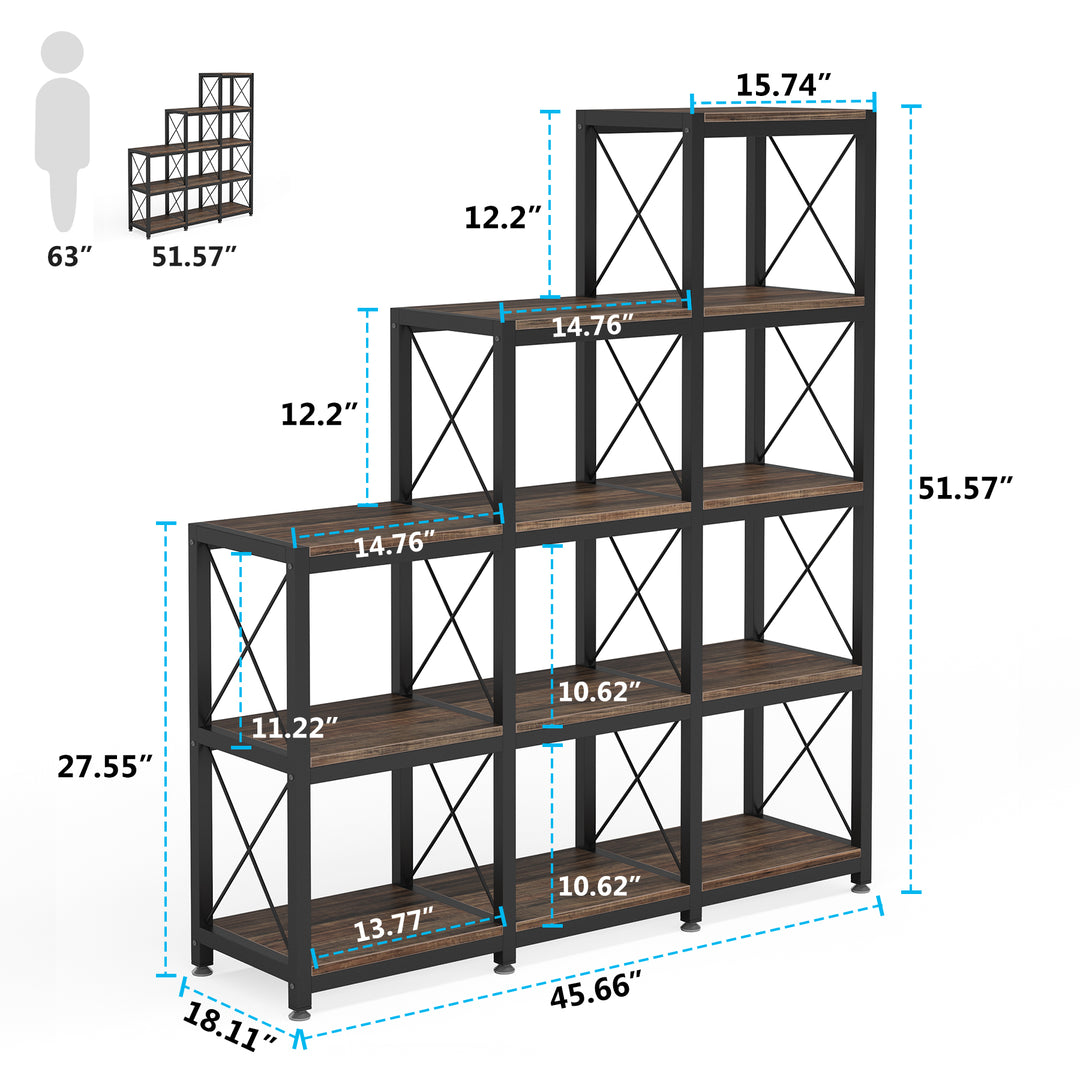 12 Shelves Bookshelf, Industrial Ladder Corner Bookshelf 9 Cubes Stepped Etagere Bookcase Image 5