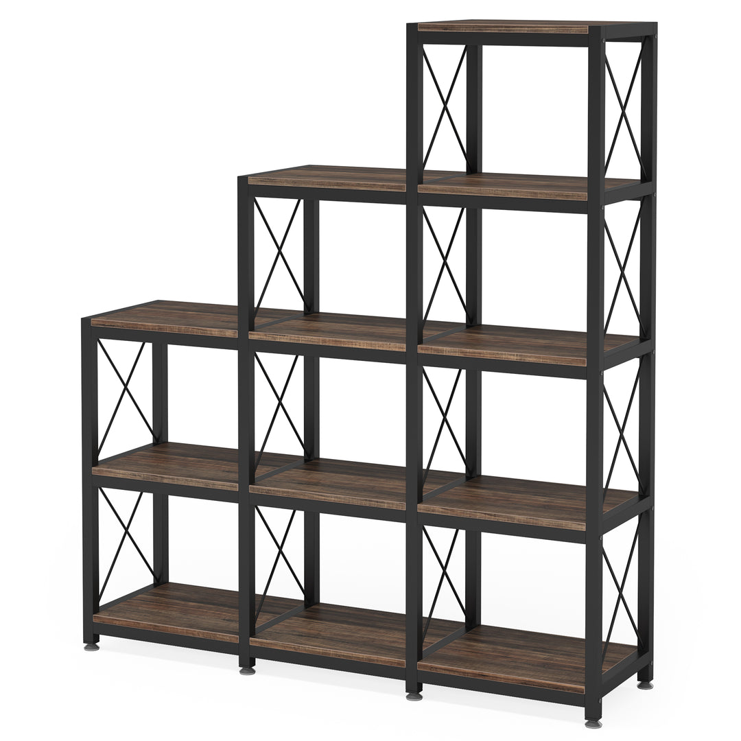 12 Shelves Bookshelf, Industrial Ladder Corner Bookshelf 9 Cubes Stepped Etagere Bookcase Image 6