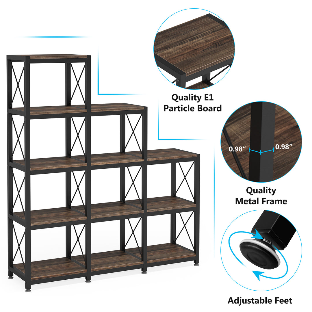 12 Shelves Bookshelf, Industrial Ladder Corner Bookshelf 9 Cubes Stepped Etagere Bookcase Image 4