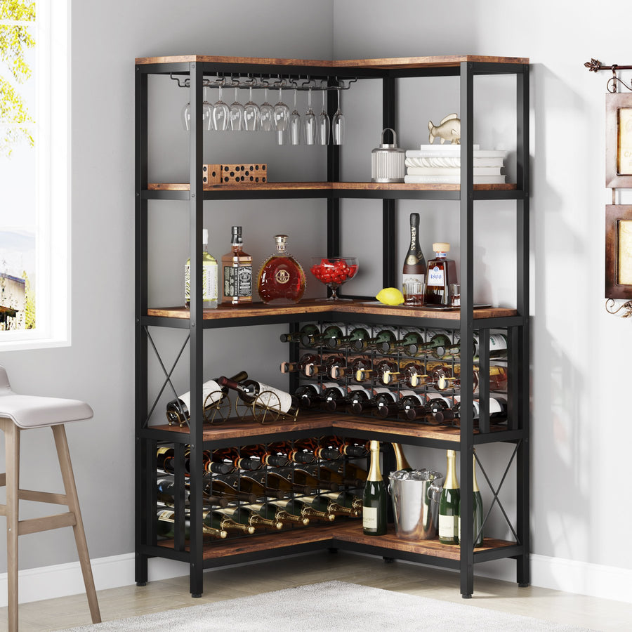 Large Corner Wine Rack, 5-Tier L Shaped Industrial Freestanding Floor Bar Cabinets for Liquor and Glasses Storage Image 1