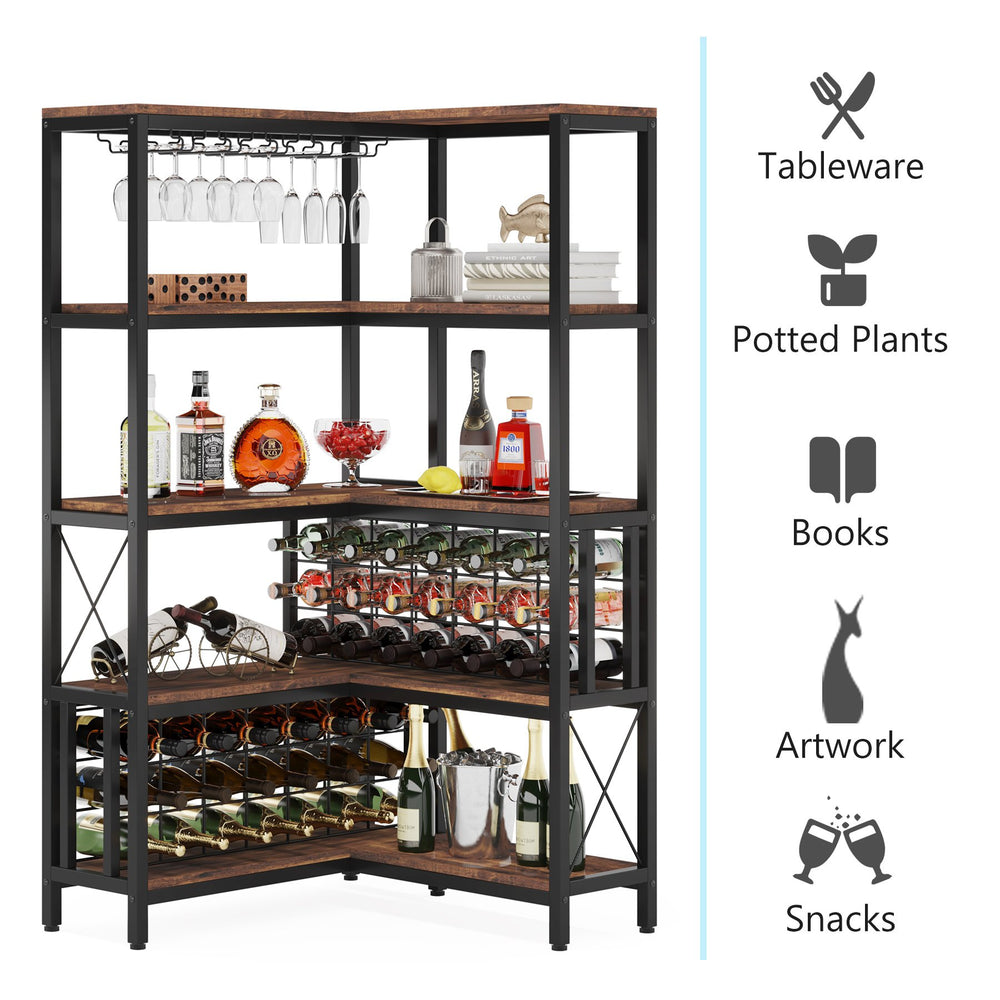 Large Corner Wine Rack, 5-Tier L Shaped Industrial Freestanding Floor Bar Cabinets for Liquor and Glasses Storage Image 2