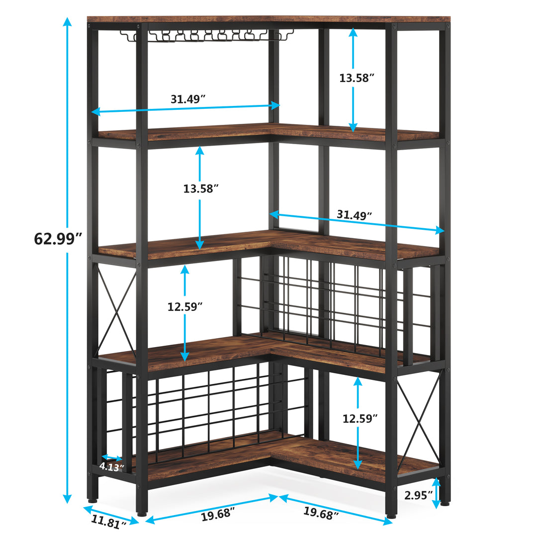 Large Corner Wine Rack, 5-Tier L Shaped Industrial Freestanding Floor Bar Cabinets for Liquor and Glasses Storage Image 5