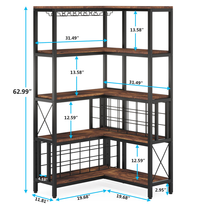 Large Corner Wine Rack, 5-Tier L Shaped Industrial Freestanding Floor Bar Cabinets for Liquor and Glasses Storage Image 5