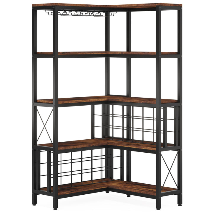 Large Corner Wine Rack, 5-Tier L Shaped Industrial Freestanding Floor Bar Cabinets for Liquor and Glasses Storage Image 6