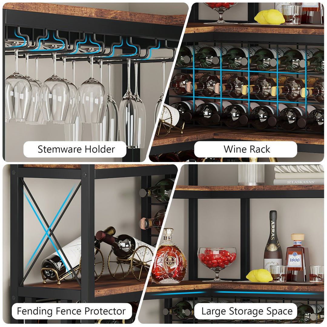 Large Corner Wine Rack, 5-Tier L Shaped Industrial Freestanding Floor Bar Cabinets for Liquor and Glasses Storage Image 3