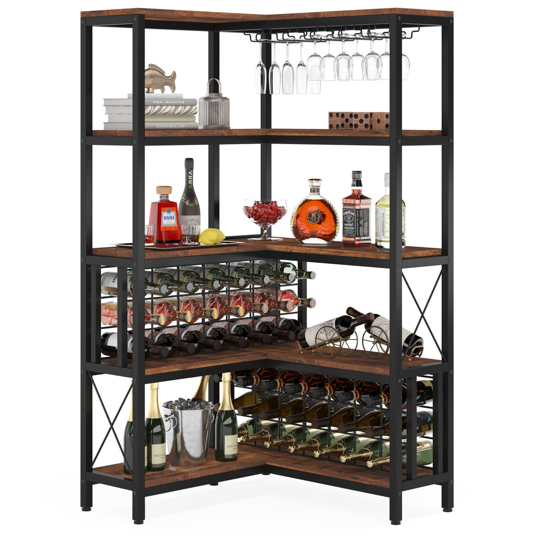 Large Corner Wine Rack, 5-Tier L Shaped Industrial Freestanding Floor Bar Cabinets for Liquor and Glasses Storage Image 4