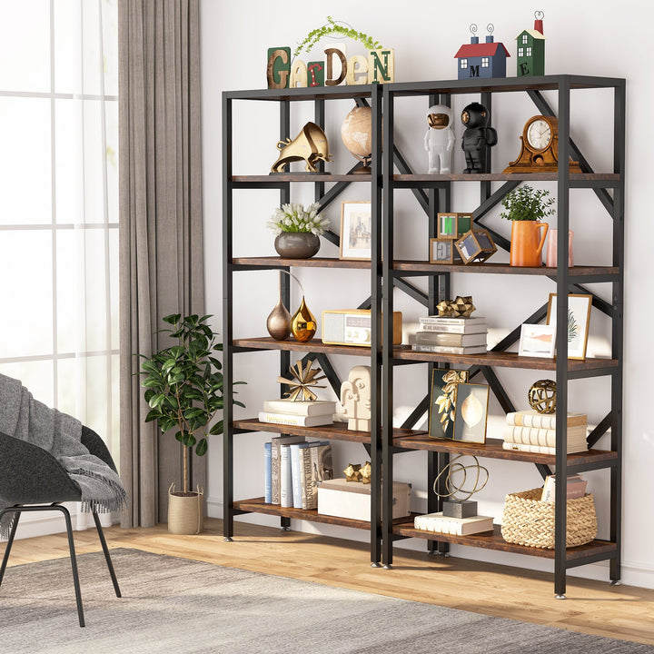 71" Industrial Bookshelf Free Standing Open Book Shelves Storage Display Shelf Wood Shelving Units Organizer Rack Image 3