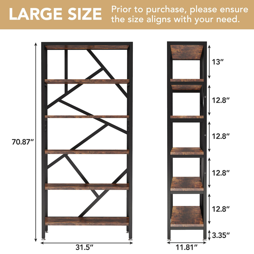 71" Industrial Bookshelf Free Standing Open Book Shelves Storage Display Shelf Wood Shelving Units Organizer Rack Image 4