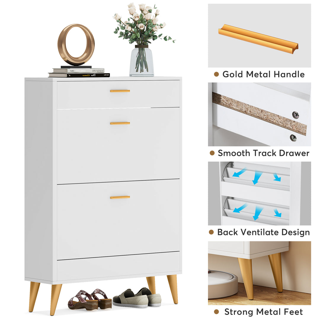 Tribesigns White Shoe Cabinet Narrow Storage Rack with 2 Flip Doors and Drawer Image 3