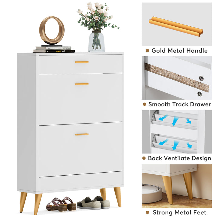 Tribesigns White Shoe Cabinet Narrow Storage Rack with 2 Flip Doors and Drawer Image 3