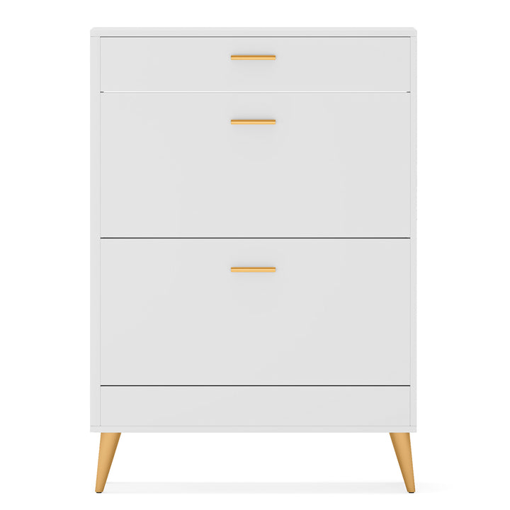 Tribesigns White Shoe Cabinet Narrow Storage Rack with 2 Flip Doors and Drawer Image 6