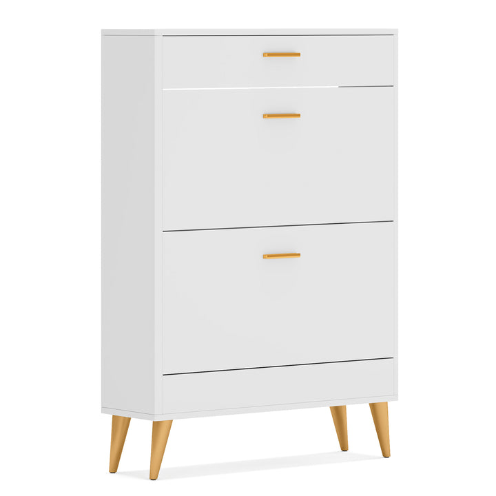 Tribesigns White Shoe Cabinet Narrow Storage Rack with 2 Flip Doors and Drawer Image 7