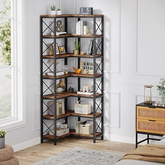 7-Shelf Corner Bookshelf, Large Modern Corner Bookcase, 7-Tier Tall Corner Shelf Storage Display Rack with Metal Frame Image 2