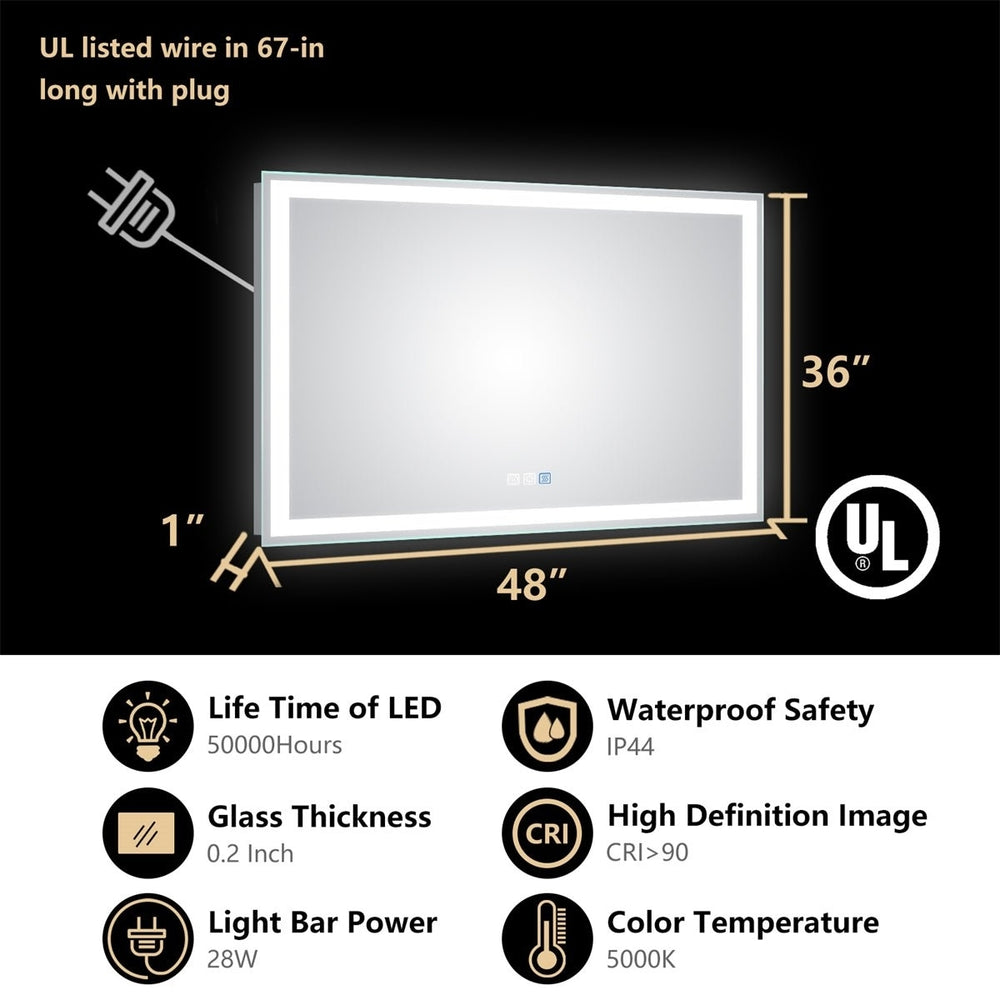 ExBrite 48"W x 36"H LED Large Bathroom Mirror,Tempered Glass,Dimmable,Anti Fog Image 2