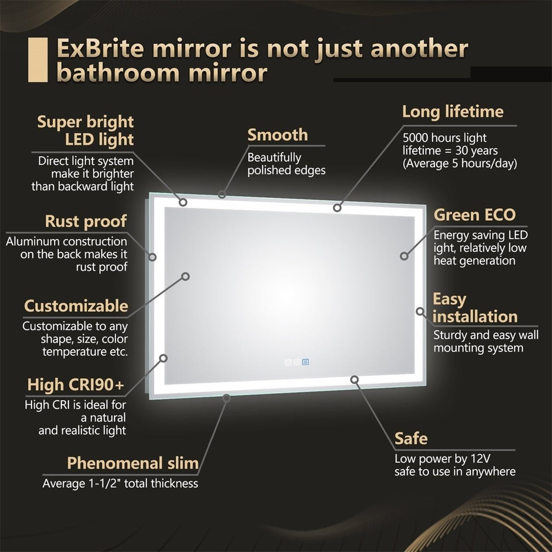 ExBrite 48"W x 36"H LED Large Bathroom Mirror,Tempered Glass,Dimmable,Anti Fog Image 9