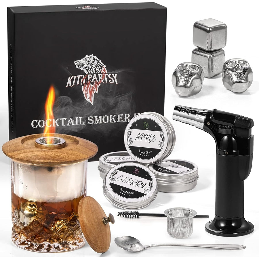 Kitypartsy Cocktail Smoker with Torch, Wood Chips, and stainless steel Ice Cubes Image 1