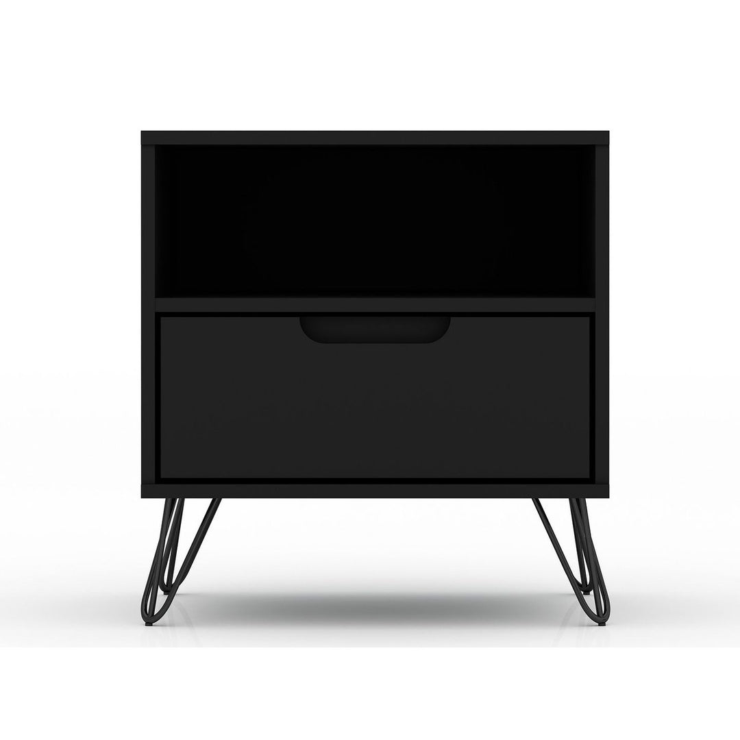 Rockefeller Mid-Century Modern Nightstand 1-Drawer Black Wood with Metal Legs Image 1