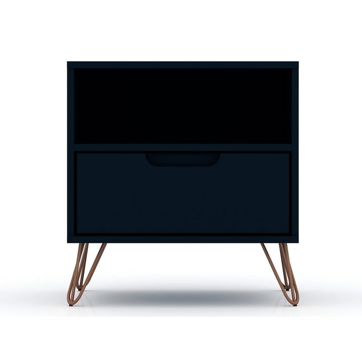 Rockefeller Mid-Century Modern Nightstand 1-Drawer Black Wood with Metal Legs Image 1