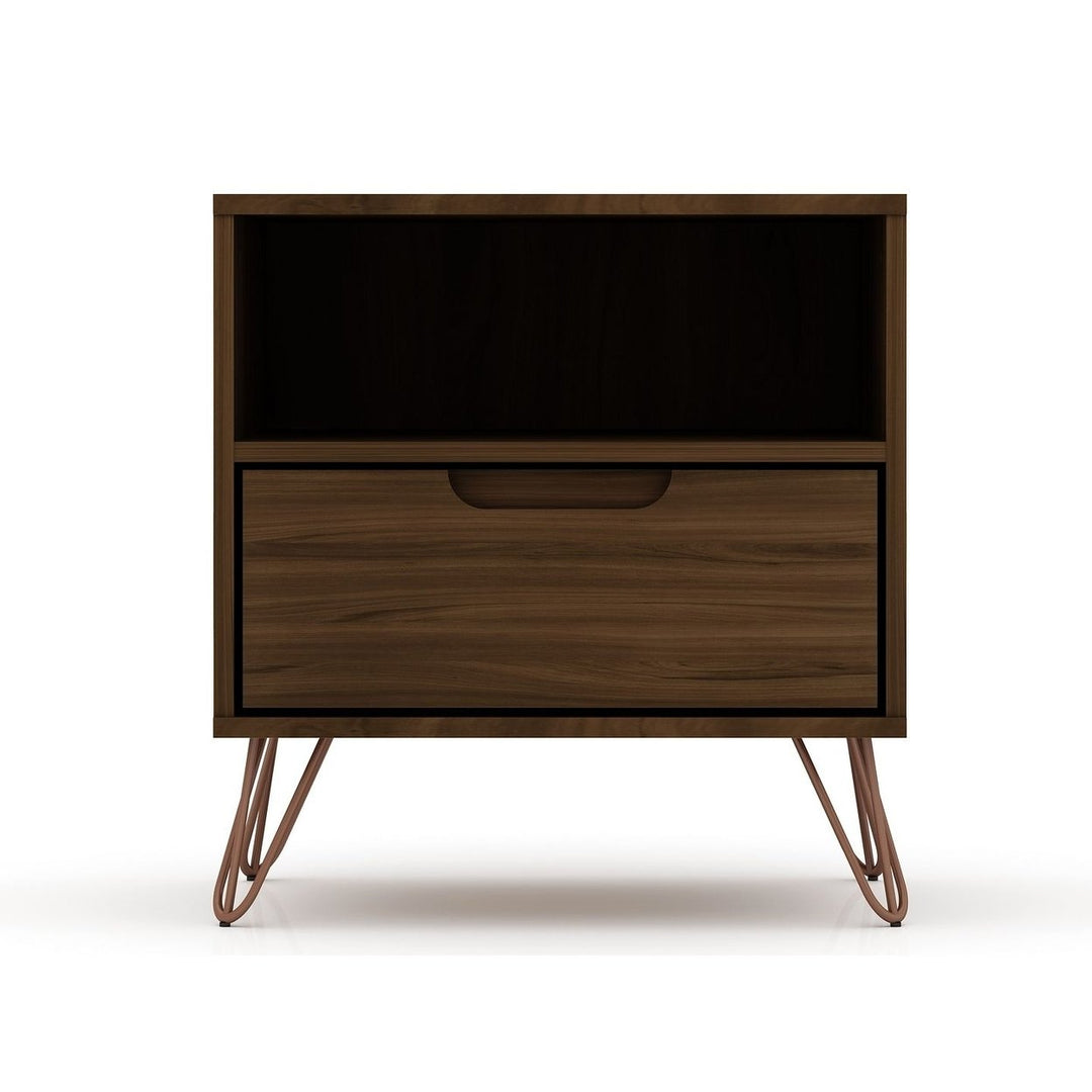 Rockefeller Mid-Century Modern Nightstand 1-Drawer Black Wood with Metal Legs Image 1