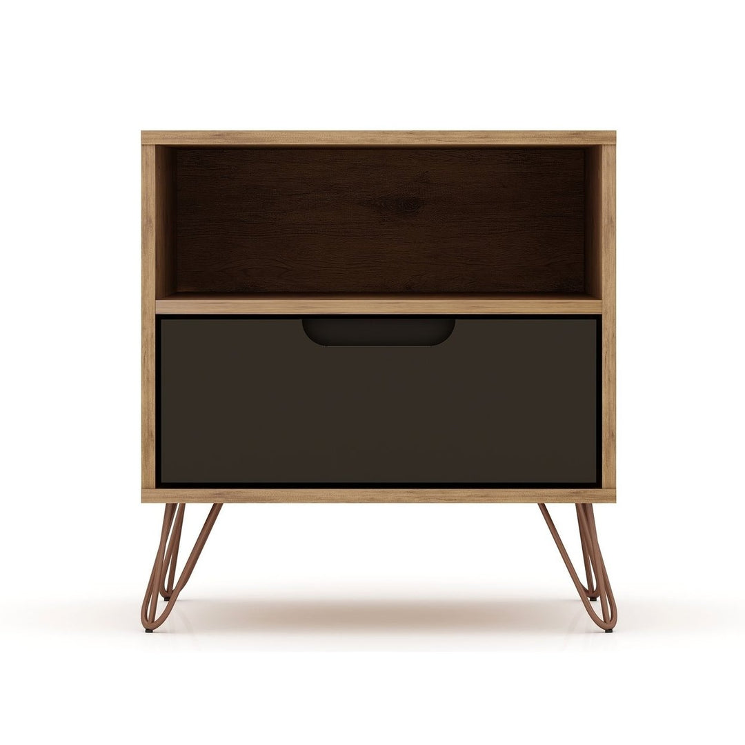 Rockefeller Mid-Century Modern Nightstand 1-Drawer Black Wood with Metal Legs Image 1