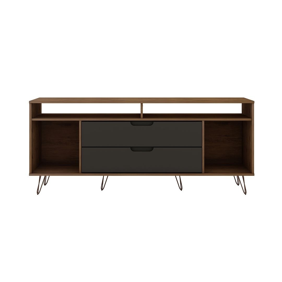 Rockefeller TV Stand 62.99 Wood with Metal Legs 2 Drawers Mid-Century Modern Image 1