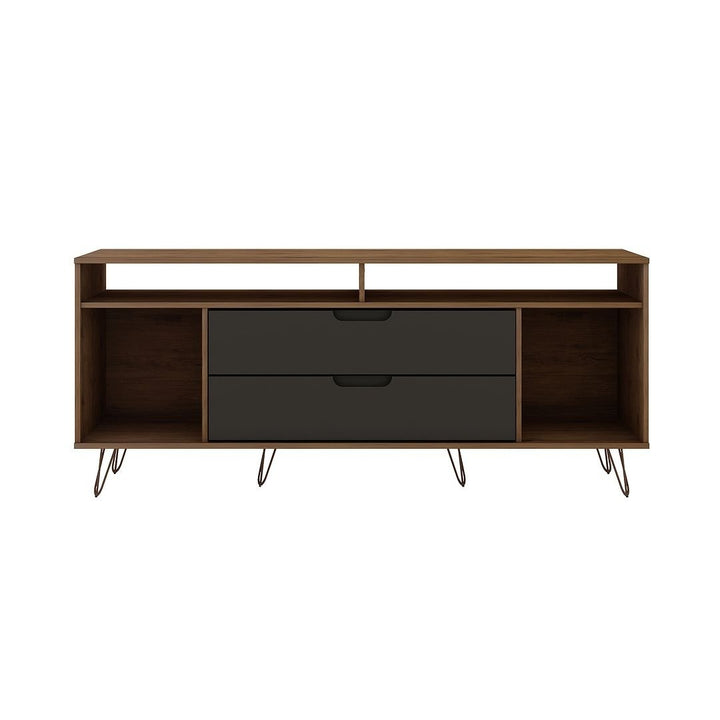 Rockefeller TV Stand 62.99 Wood with Metal Legs 2 Drawers Mid-Century Modern Image 1