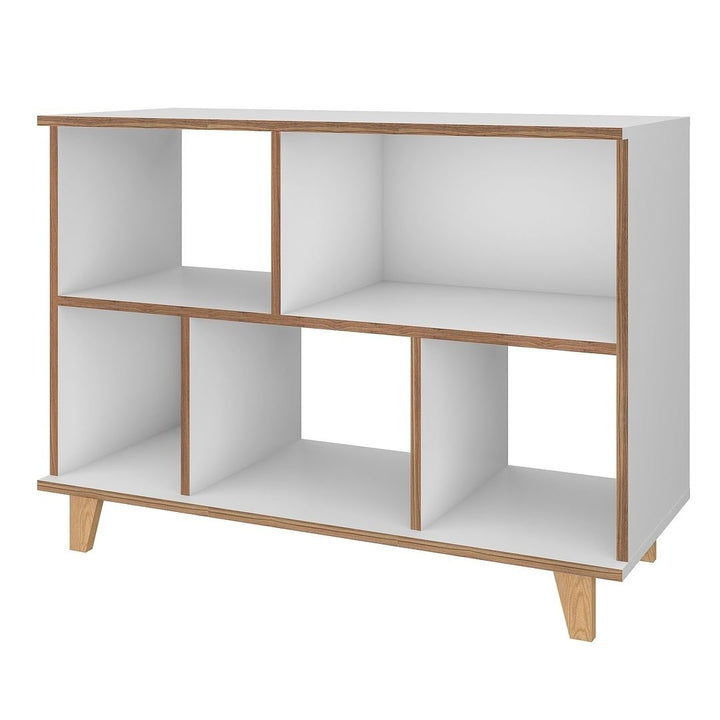 Minetta 5-Shelf Mid-Century Low Bookcase White Storage with Open Enclosed Space Image 1