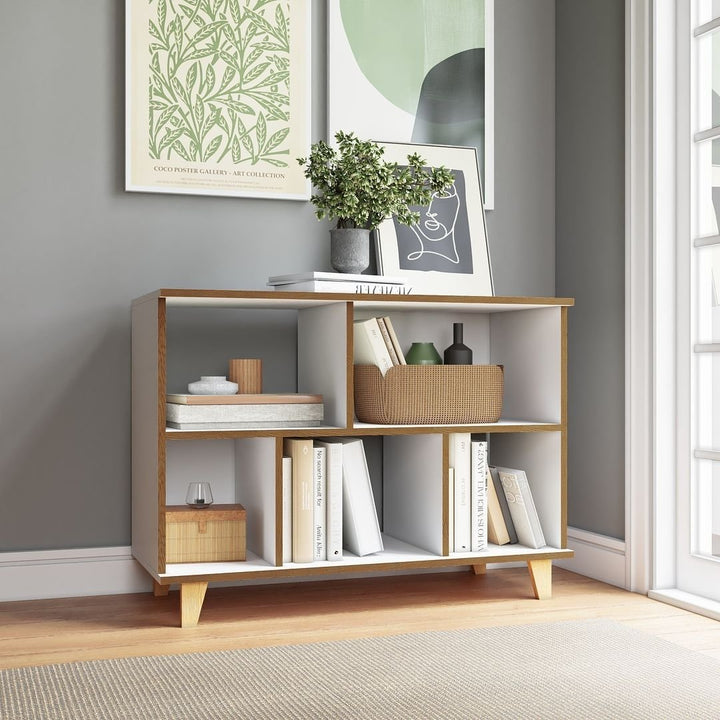 Minetta 5-Shelf Mid-Century Low Bookcase White Storage with Open Enclosed Space Image 2