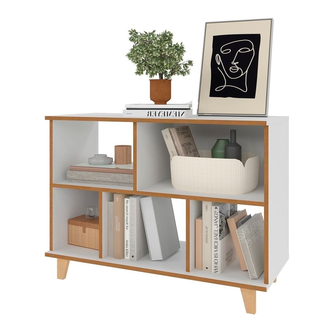 Minetta 5-Shelf Mid-Century Low Bookcase White Storage with Open Enclosed Space Image 4