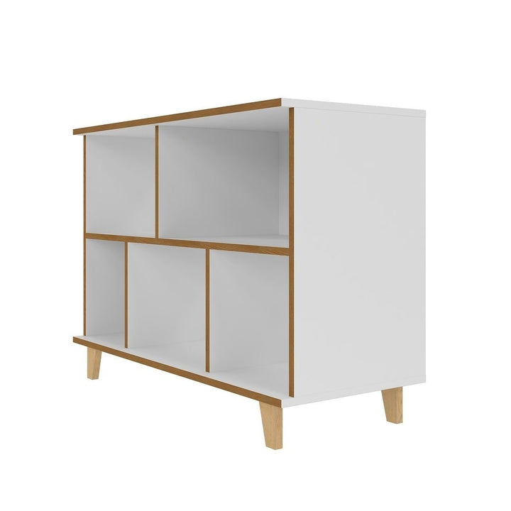 Minetta 5-Shelf Mid-Century Low Bookcase White Storage with Open Enclosed Space Image 6