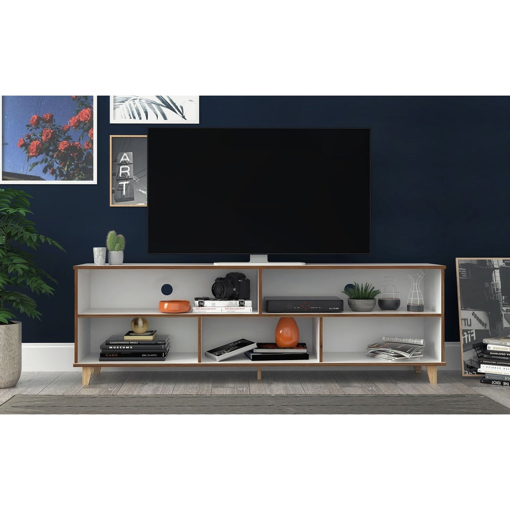 Warren 70.87 TV Stand with 5 Shelves in White and Oak Image 2