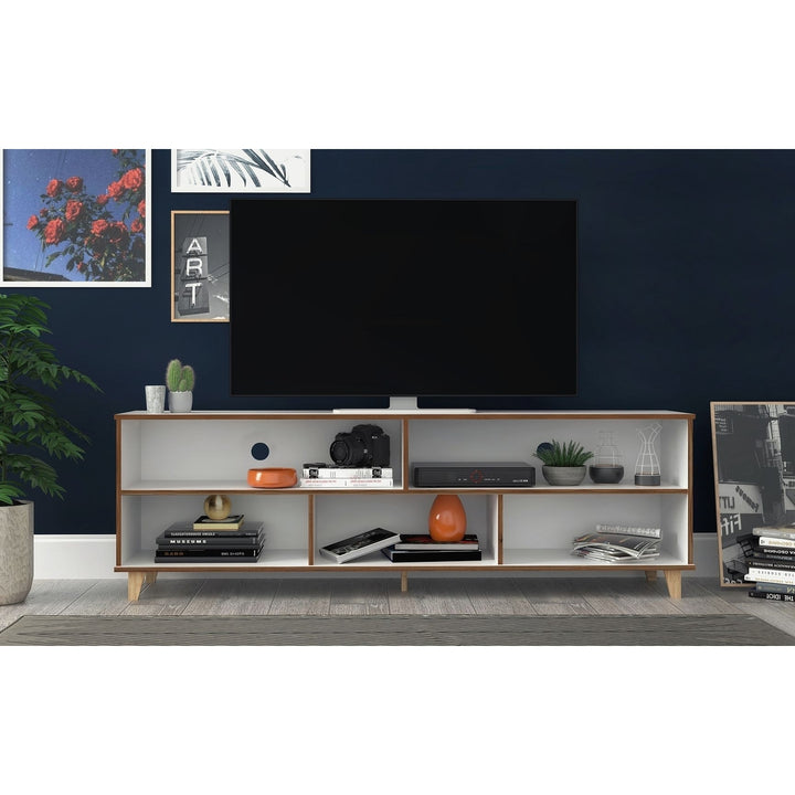 Warren 70.87 TV Stand with 5 Shelves in White and Oak Image 2