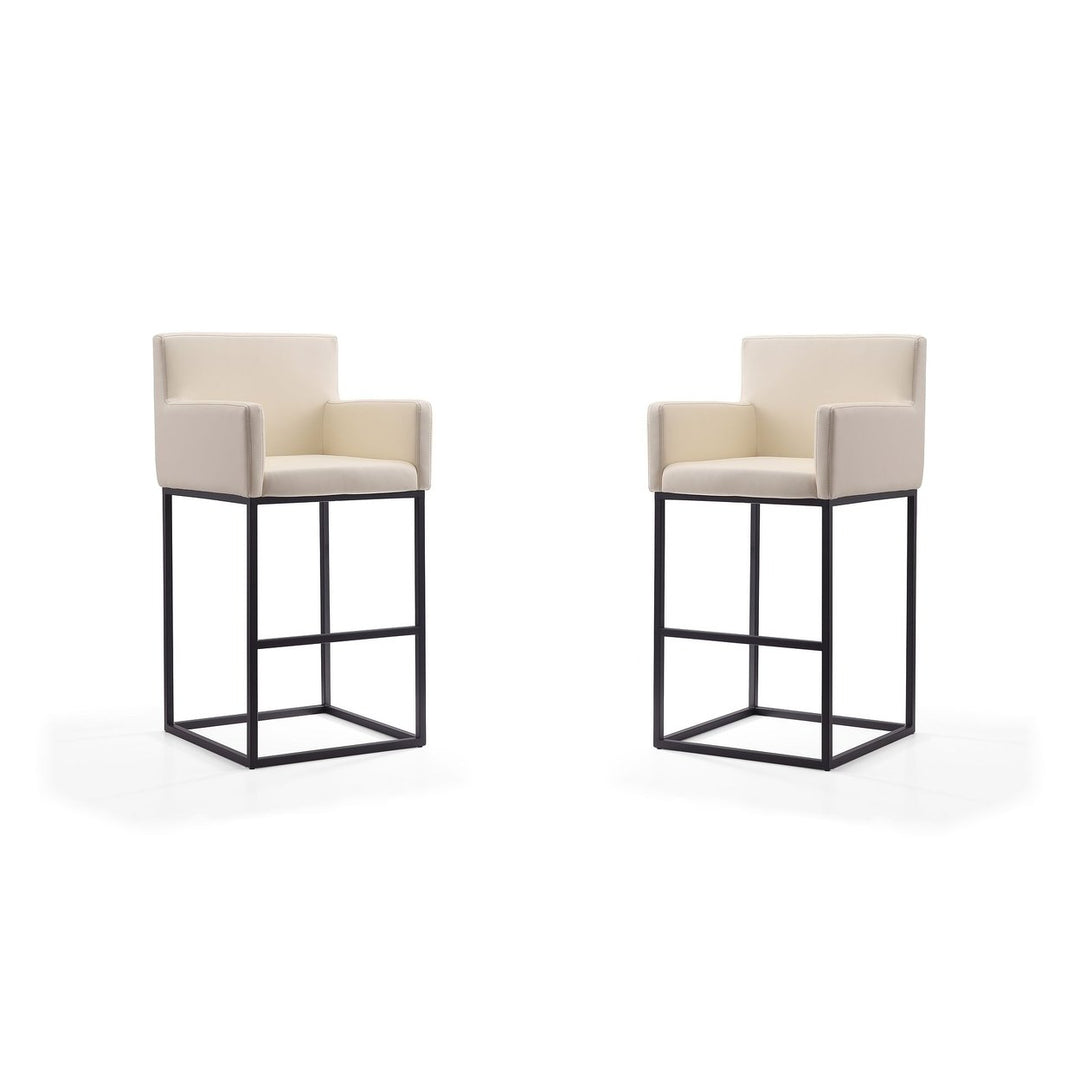 Ambassador Cream Black Metal Barstools Set of 2 42 inch Genuine Leather Arms Image 1