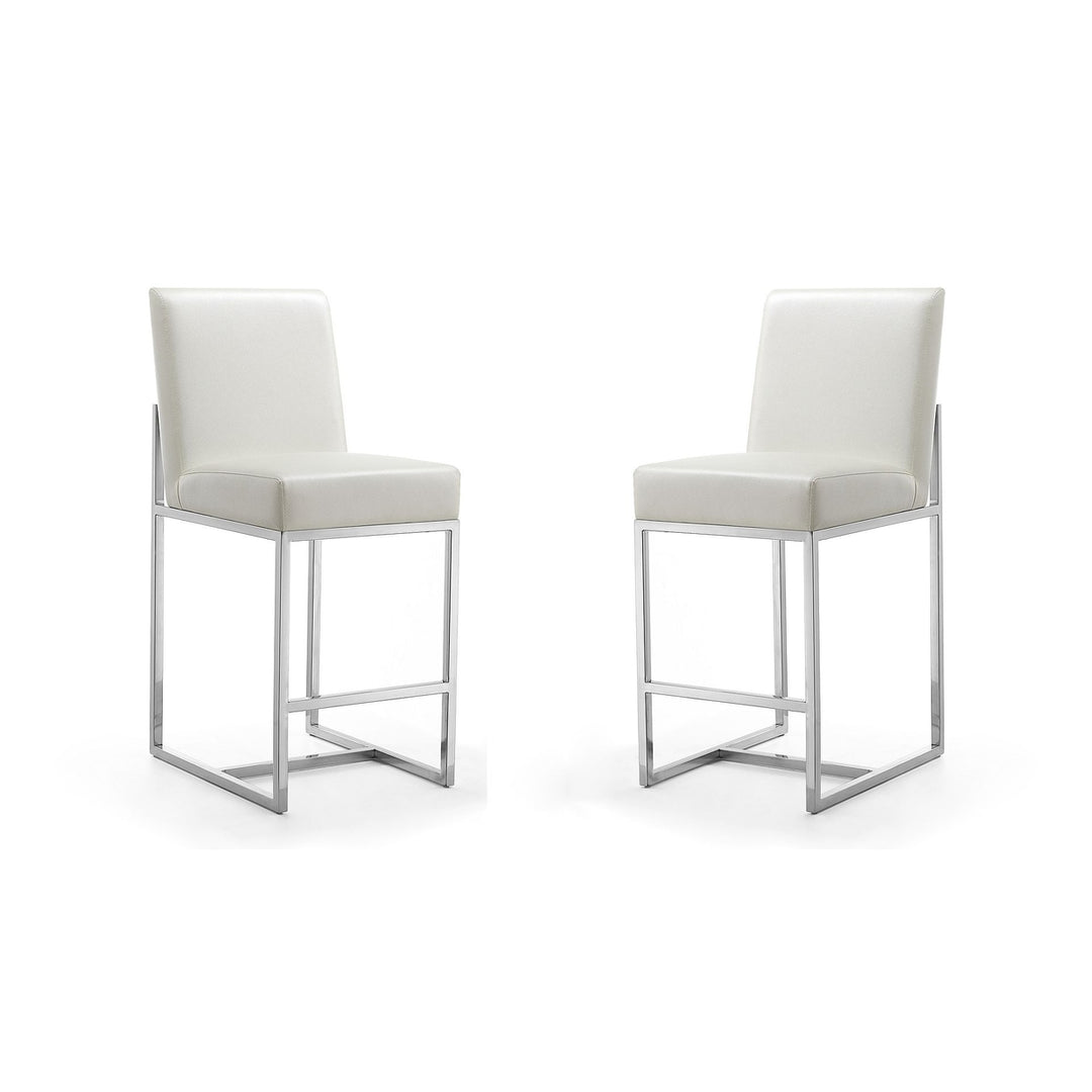 Element Counter Height Bar Stool Set of 2 Pearl White Faux Leather Chrome Steel Image 1