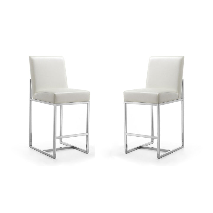 Element Counter Height Bar Stool Set of 2 Pearl White Faux Leather Chrome Steel Image 1