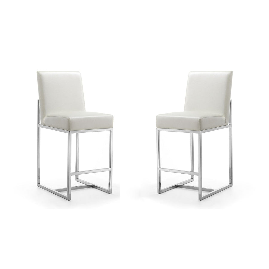 Element Counter Height Bar Stool Set of 2 Pearl White Faux Leather Chrome Steel Image 1