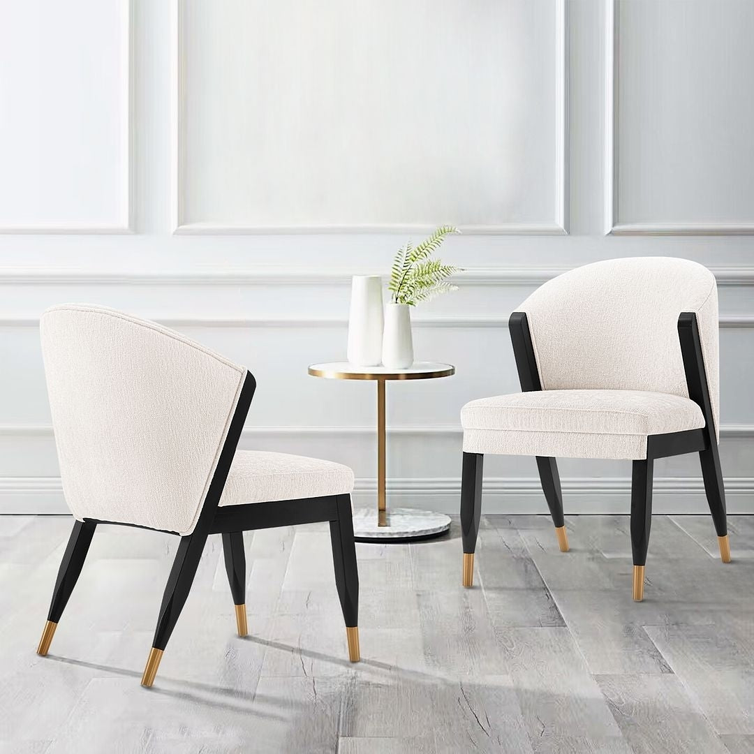 Modern Ola Boucle Dining Chair Set of 2 Elm Wood Gold Accents Fully Assembled Image 2