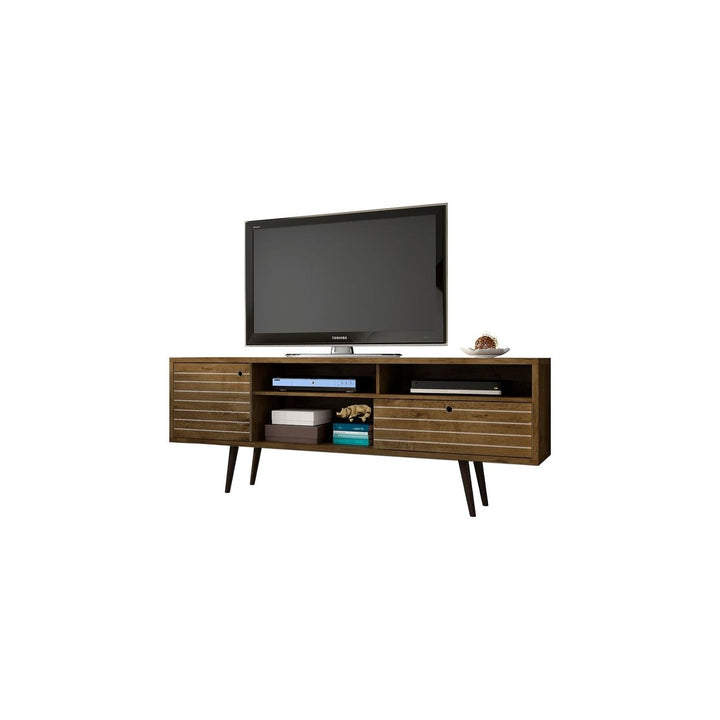 Liberty 70.86 Mid-Century Modern TV Stand Solid Wood Legs 4 Shelves 1 Drawer Image 1