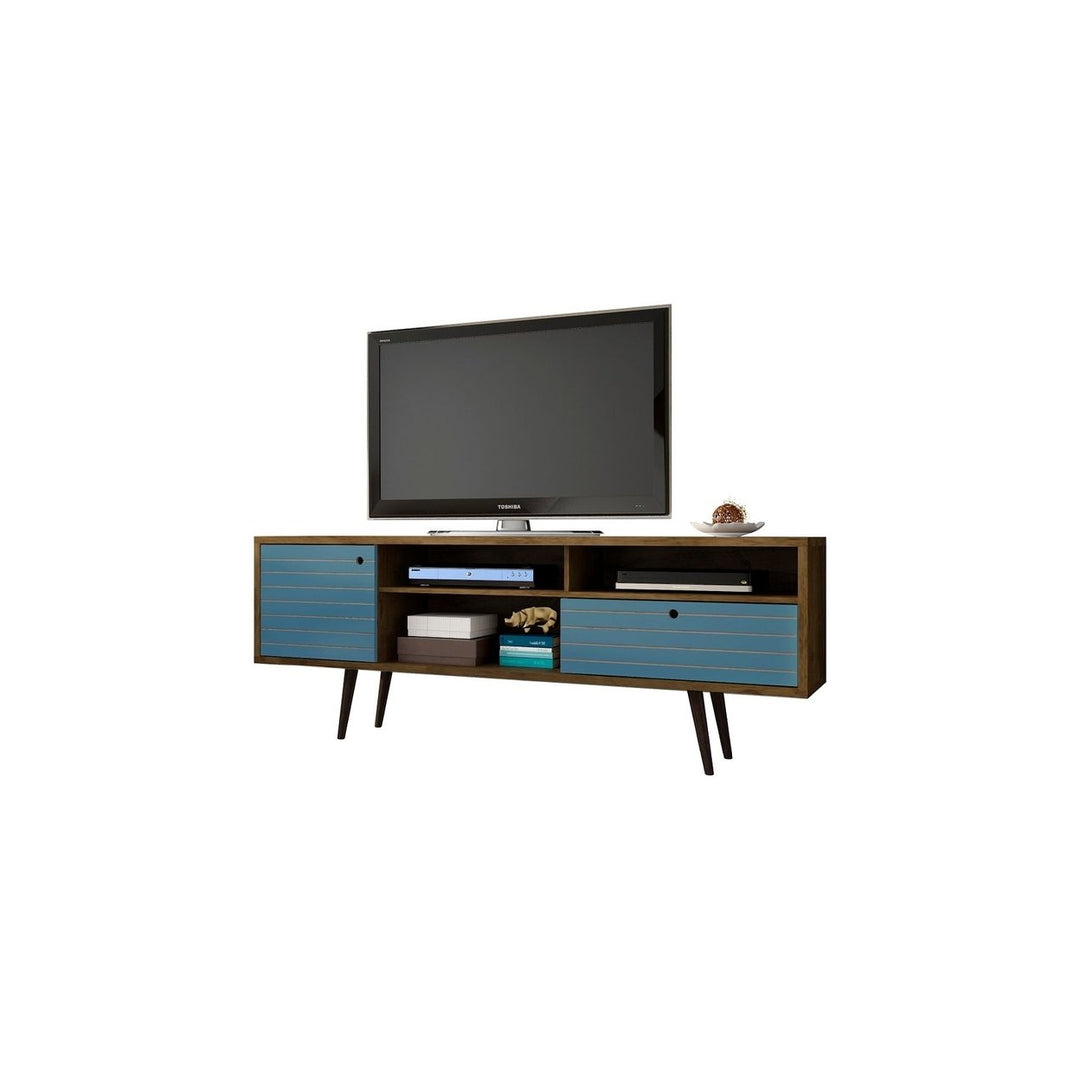 Liberty 70.86 Mid-Century Modern TV Stand Solid Wood Legs 4 Shelves 1 Drawer Image 1