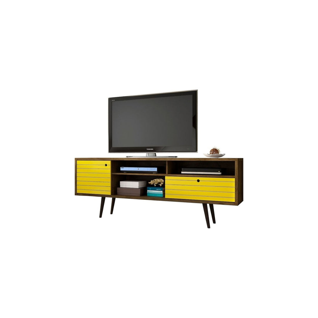 Liberty 70.86 Mid-Century Modern TV Stand Solid Wood Legs 4 Shelves 1 Drawer Image 1