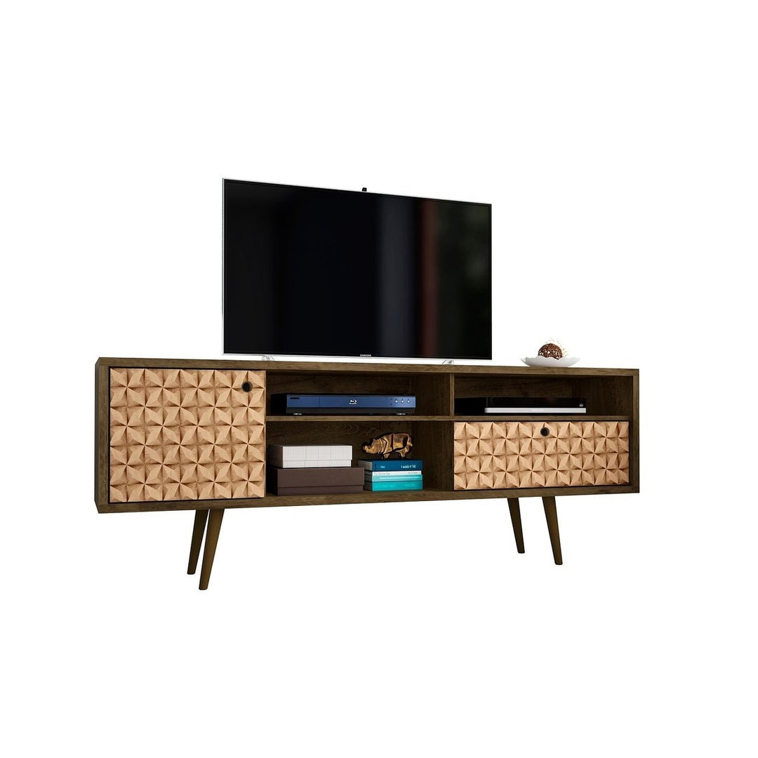 Liberty 70.86 Mid-Century Modern TV Stand Solid Wood Legs 4 Shelves 1 Drawer Image 1