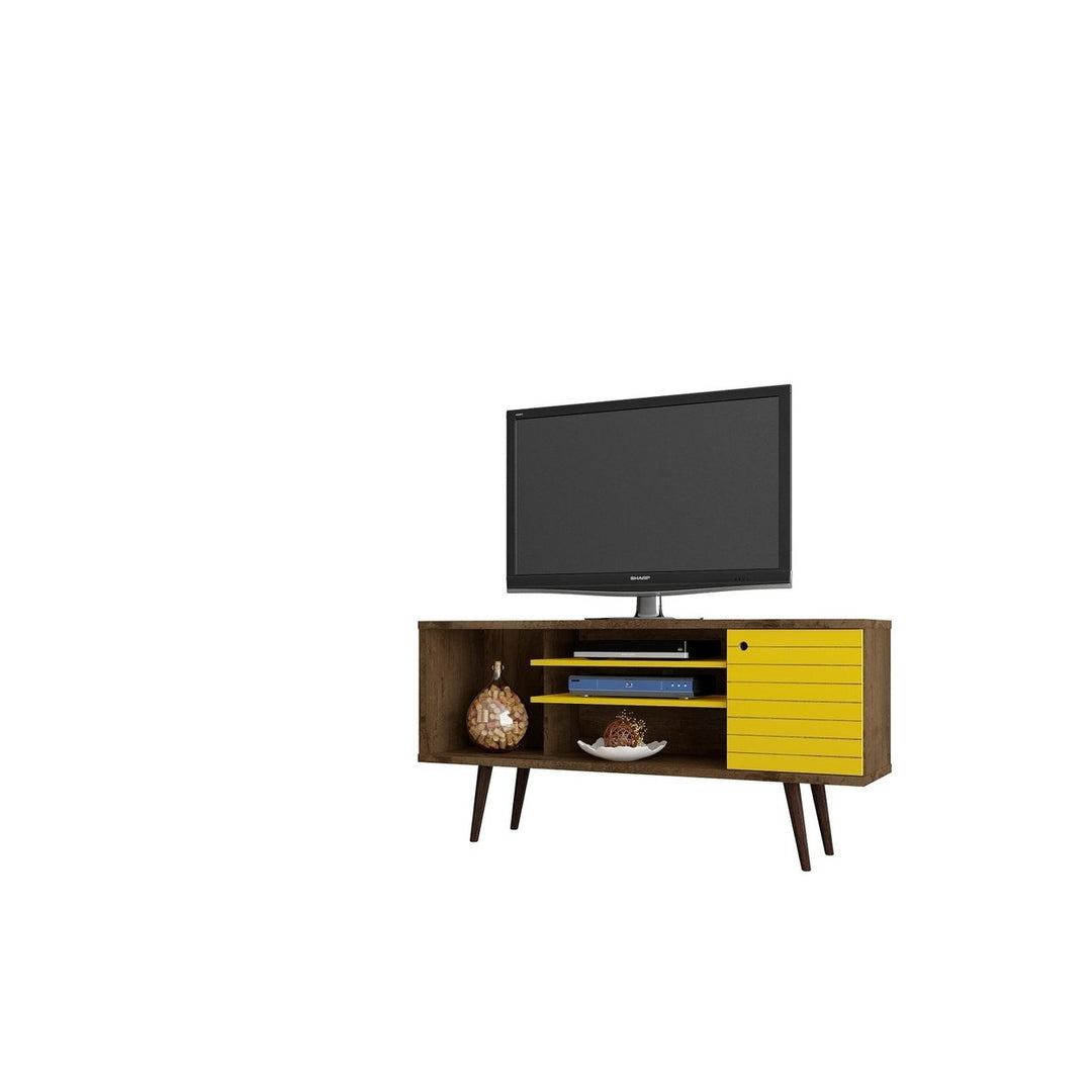 Liberty 53.14 Mid-Century Modern TV Stand Solid Wood Legs 5 Shelves 1 Door Image 1