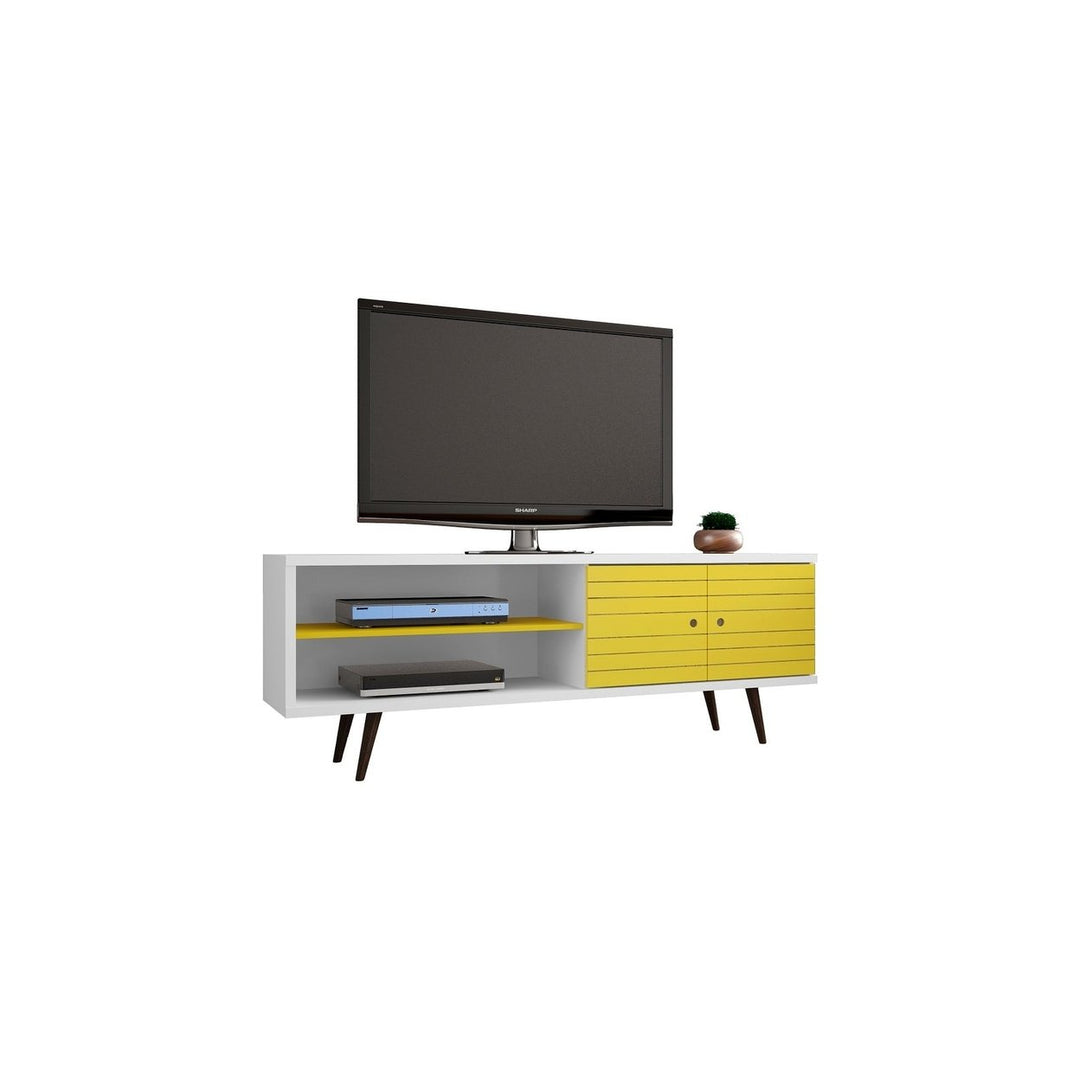 Liberty 62.99 Mid-Century Modern TV Stand Solid Wood Legs 3 Shelves 2 Doors Rustic Brown Image 1