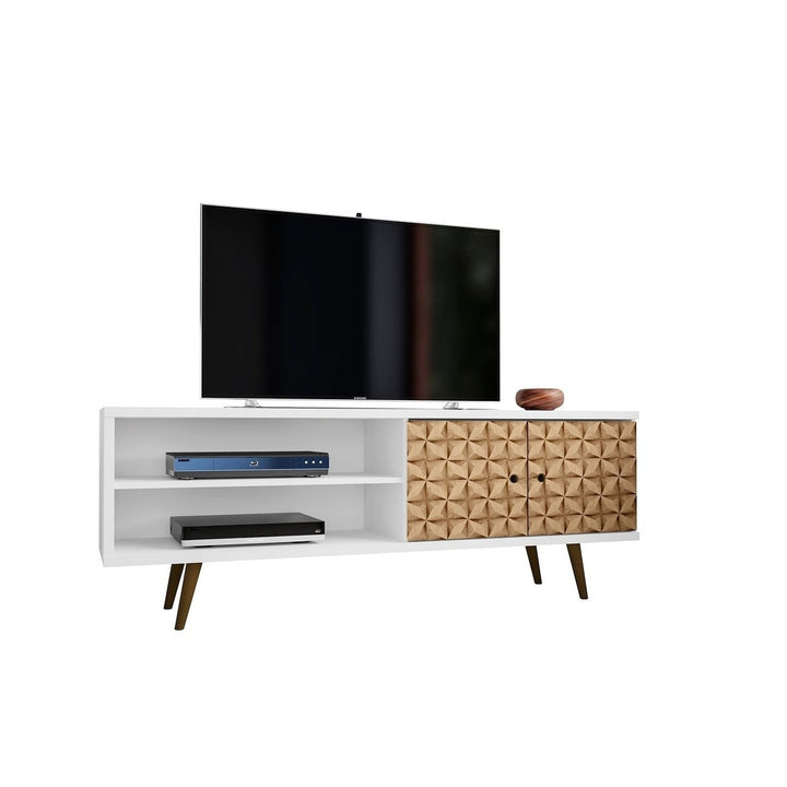 Liberty 62.99 Mid-Century Modern TV Stand Solid Wood Legs 3 Shelves 2 Doors Rustic Brown Image 1