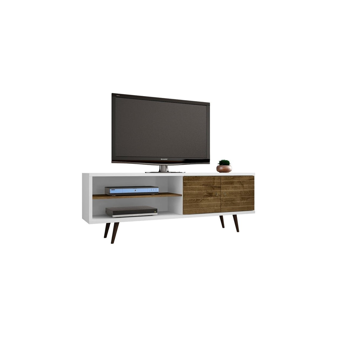 Liberty 62.99 Mid-Century Modern TV Stand Solid Wood Legs 3 Shelves 2 Doors Rustic Brown Image 1